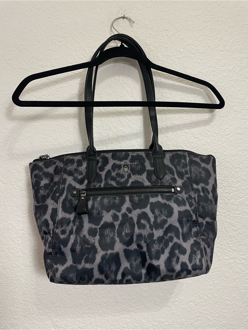 Michael Kors Gray Black Leopard Print Nylon Tote Shoulder Bag